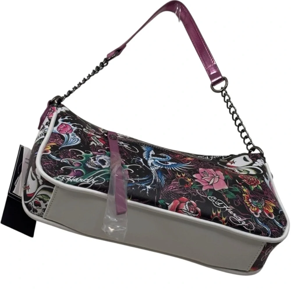 Ed Hardy Shoulder / Crossbody Bag Skull Rose Tattoo Print Rhinestone ms Y2K Punk